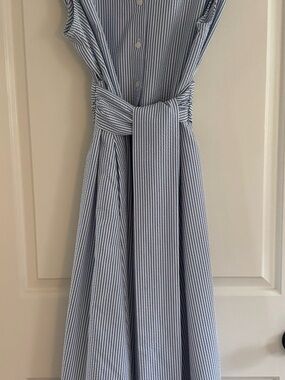Anne Klein Blue and White Striped Tie-Waist Midi Dress